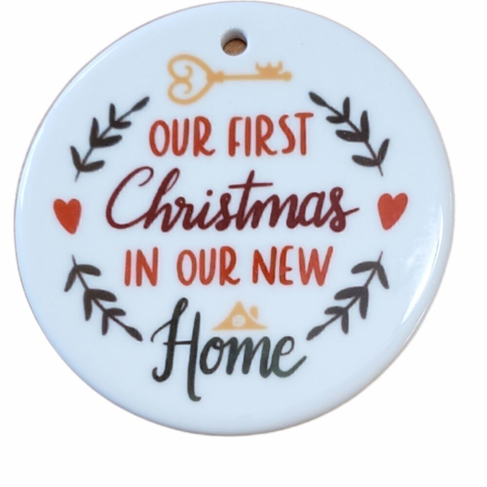 Our first Christmas in our new home, 3 inch white ceramic ornament